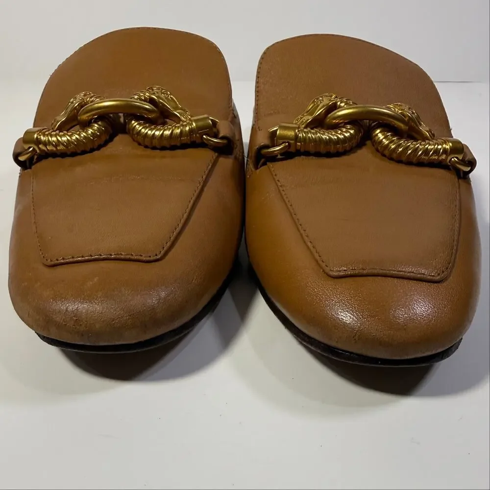 Tory Burch Jessa Backless Loafer Equestrian Brown Leather Horse Bit Mules Size 5